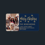 Navy Gold Snowflake Photo Christmas Return Address Label<br><div class="desc">Modern Navy and Gold Snowflake Photo Merry Christmas Script Holiday Christmas Return Address Labels. Features a „Merry Christmas” script,  one family photo,  snowflakes on navy blue background. Great for Christmas holiday season,  easy to personalize them with your names and return address info.</div>