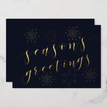 Navy Gold Snowflakes Seasons Greetings Foil Holiday Card