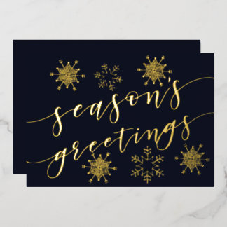 Navy Gold Snowflakes Seasons Greetings Foil Holiday Card