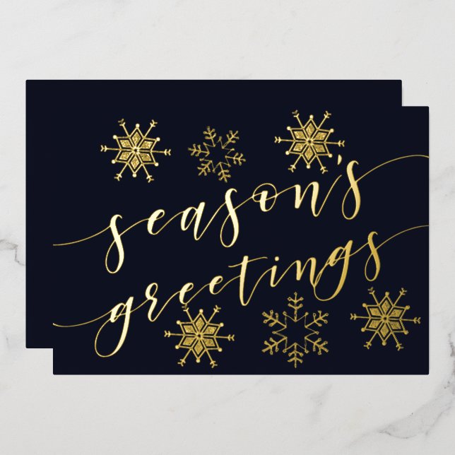 Navy Gold Snowflakes Seasons Greetings Foil Holiday Card (Front/Back)