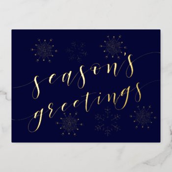 Navy Gold Snowflakes Seasons Greetings  Foil Holiday Postcard by XmasMall at Zazzle