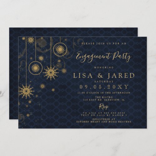 Navy Gold Snowflakes Winter Engagement Party  Invitation