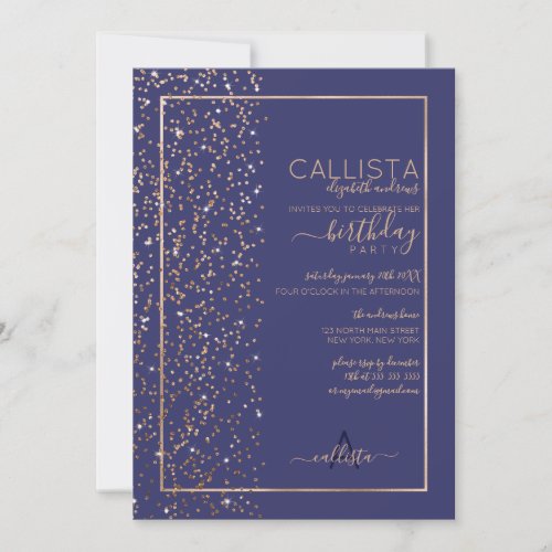 Navy Gold Sparkly Glitter Confetti Side Birthday Invitation