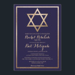 Navy Gold Star Border Bat Mitzvah Hebrew Name Invitation<br><div class="desc">This modern and elegant bat mitzvah invitation with the Hebrew name is perfect for your child's special day. It features a faux printed gold foil Star of David and border on top of a simple navy blue background with ornate cursive typography. It's chic, pretty, minimalist, and regal. ***IMPORTANT DESIGN NOTE:...</div>