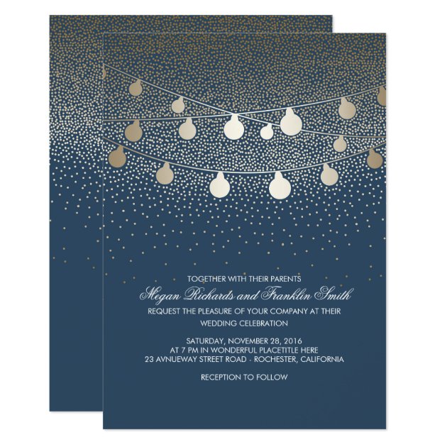 Navy Gold String Lights Glitter Vintage Wedding Invitation