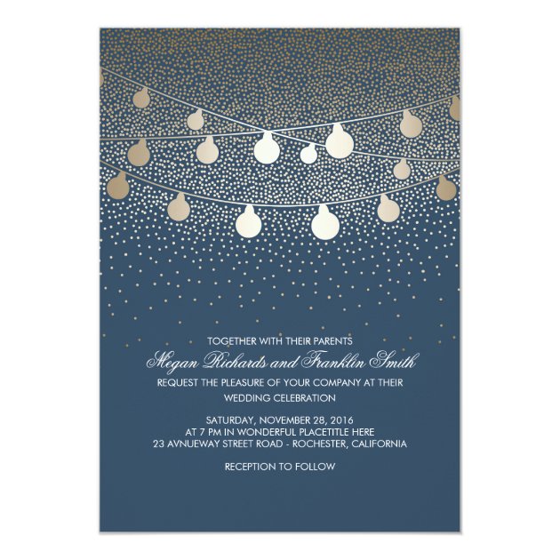 Navy Gold String Lights Glitter Vintage Wedding Invitation