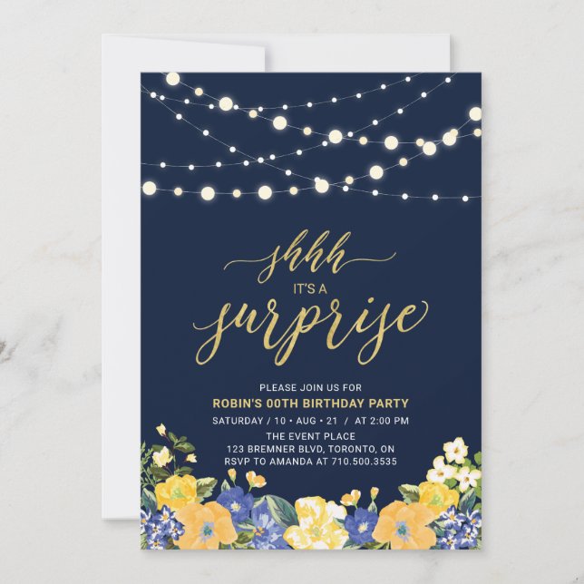 Navy & Gold String Lights Surprise Birthday Party Invitation (Front)