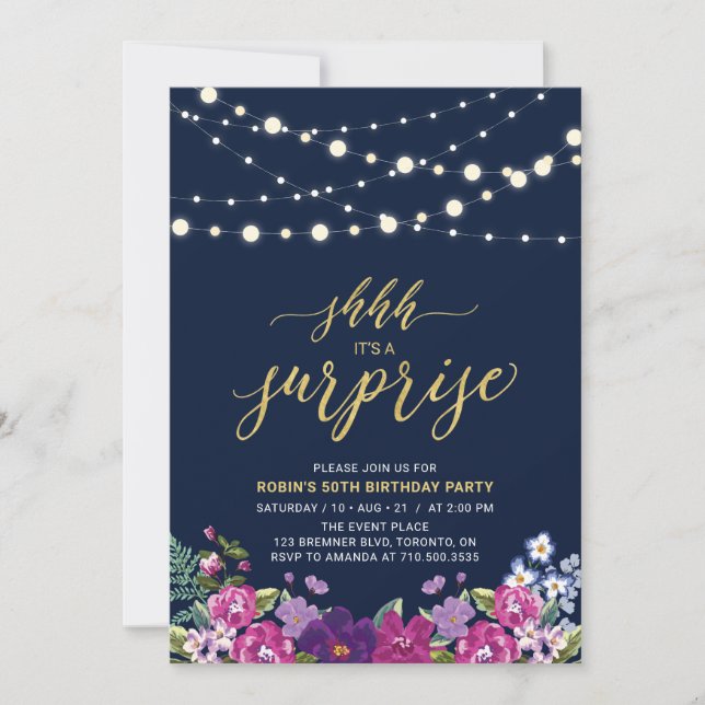Navy & Gold String Lights Surprise Birthday Party Invitation (Front)