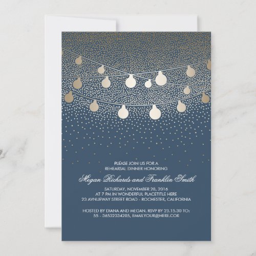 Navy Gold String Lights Vintage Rehearsal Dinner Invitation