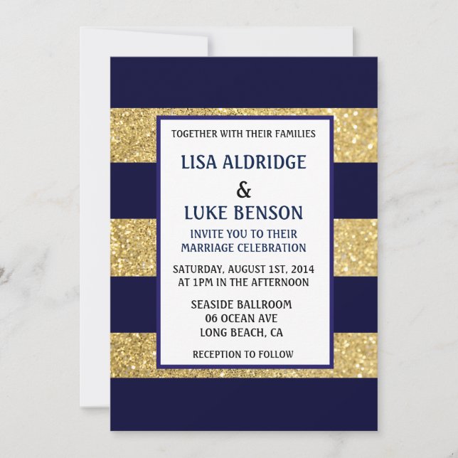 Navy Gold Stripe Wedding Invitation (Front)