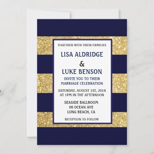 Navy Gold Stripe Wedding Invitation