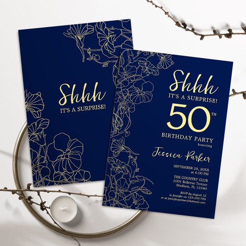 Navy Gold Surprise 50th Birthday Invitation