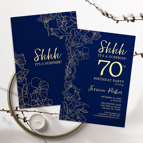 Navy Gold Surprise 70th Birthday Invitation