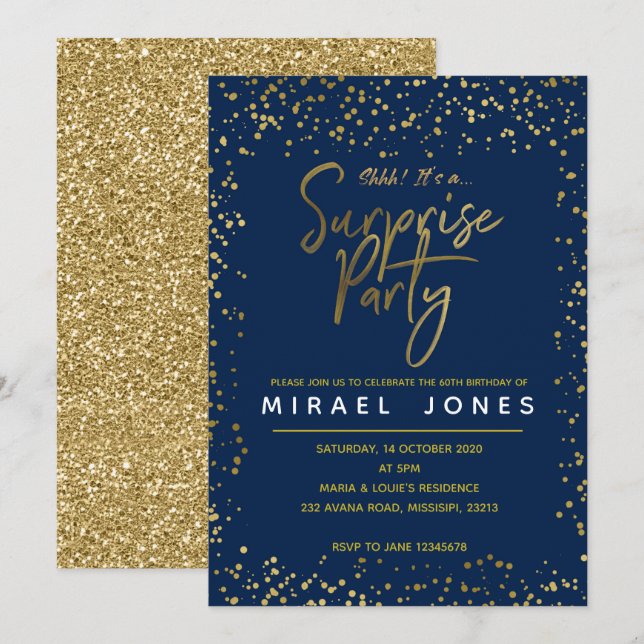 Navy & Gold Surprise Birthday Party Invitation car (Front/Back)