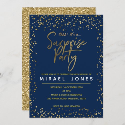 Navy  Gold Surprise Birthday Party Invitation car