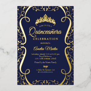 Navy Gold Swirl Elegant Quinceanera  Foil Invitation