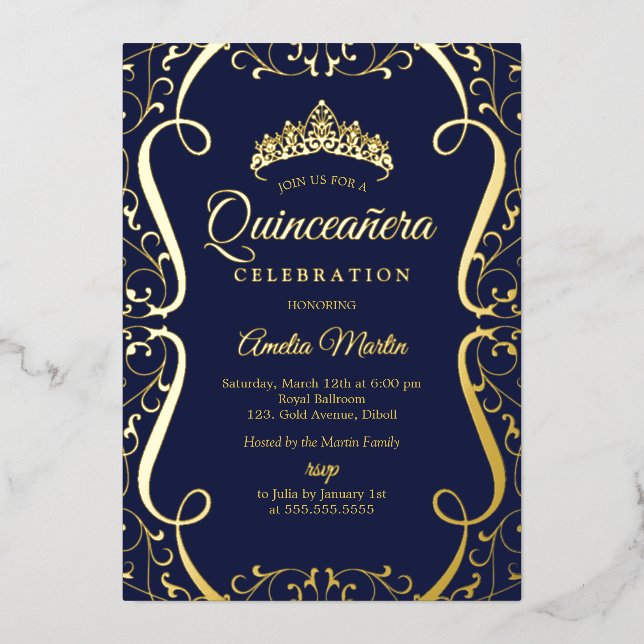 Navy Gold Swirl Elegant Quinceanera  Foil Invitation (Front)