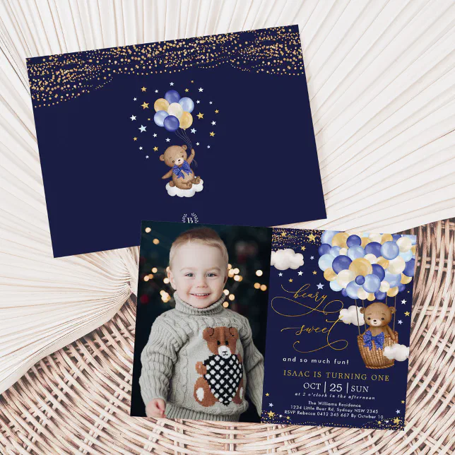 Navy Gold Teddy Bear Hot Air Balloon 1st Birthday Invitation | Zazzle