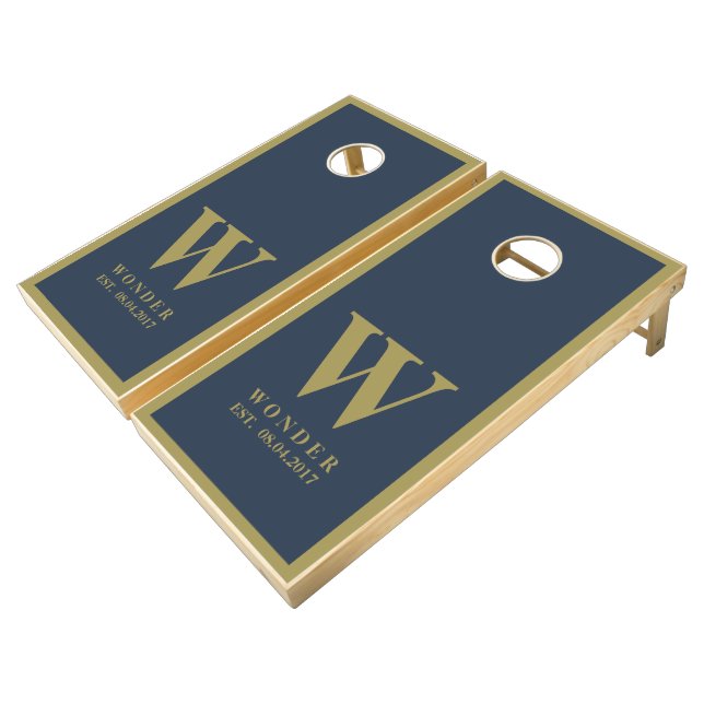 Navy Gold Theme Wedding Newly Wed Monogram Modern Cornhole Set (Angled)