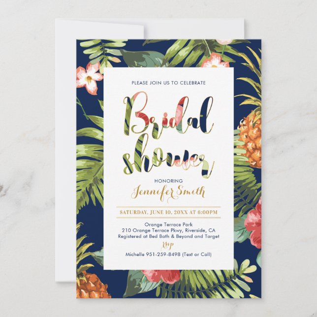 Navy & Gold | Tropical Bridal Shower Invitation (Front)