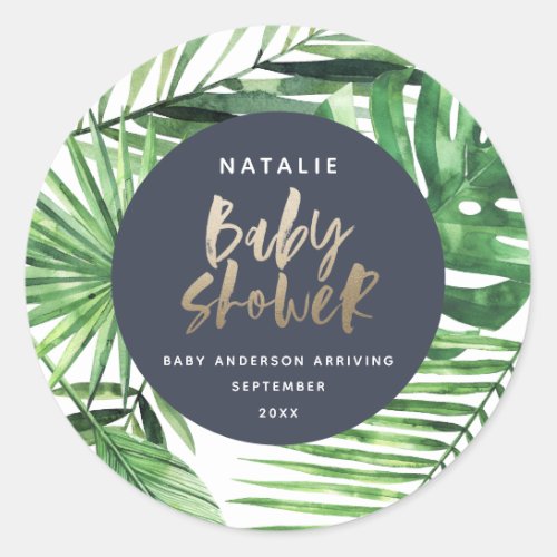 Navy gold tropical foliage modern baby shower classic round sticker