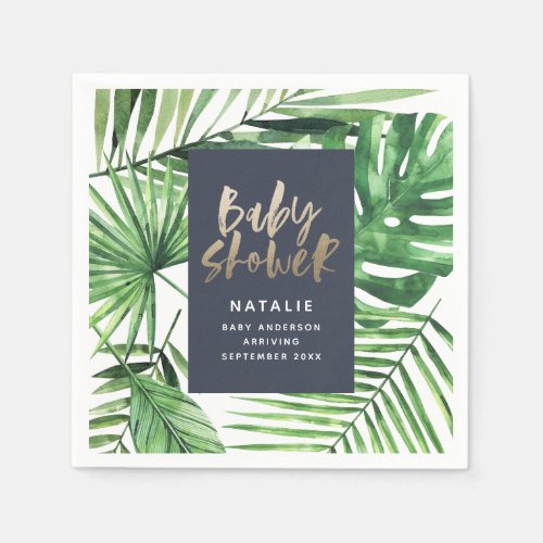 Navy gold tropical foliage modern baby shower napkins