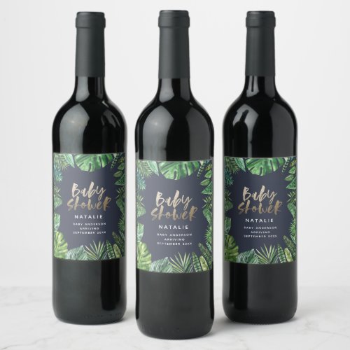 Navy gold tropical foliage modern baby shower wine label