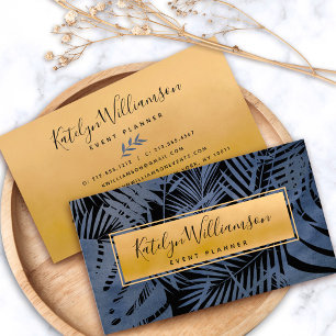 Navy gold tropical palm elegant script modern bold business card