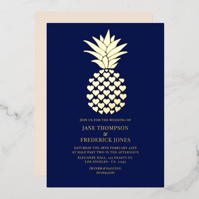 Navy & Gold Tropical Pineapple Wedding Foil Invitation (Front/Back)