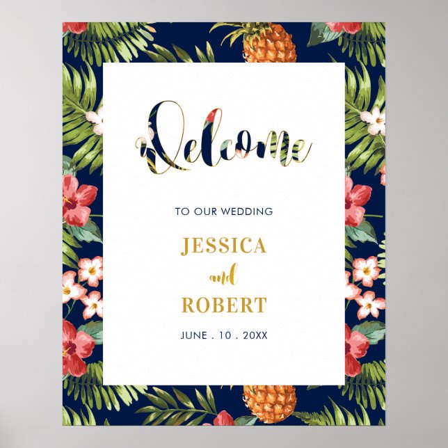 Navy & Gold | Tropical Summer Wedding Welcome Sign (Front)