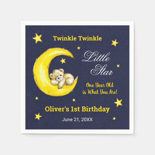 Navy Gold Twinkle Litle Star 1st Birthday Napkins (Front)