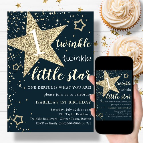 Navy  Gold Twinkle Little Star 1st Birthday  Invitation