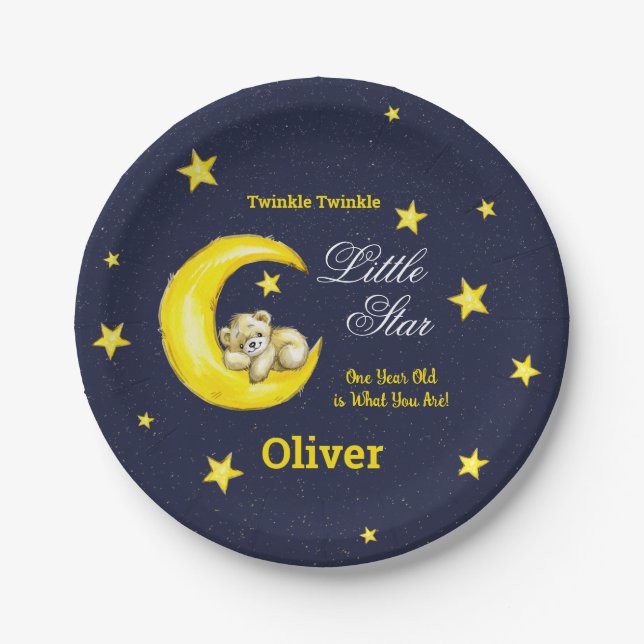 Navy Gold Twinkle Little Star 1st Birthday Paper Plates (Front)