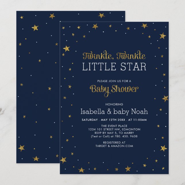 Navy & Gold | Twinkle Little Star Baby Shower Invitation (Front/Back)