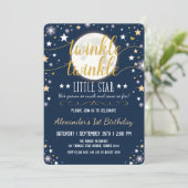 Navy Gold Twinkle Little Star Moon 1st Birthday Invitation (Standing Front)
