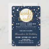 Navy Gold Twinkle Little Star Moon 1st Birthday Invitation (Front)