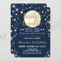 Navy Gold Twinkle Little Star Moon 1st Birthday Invitation