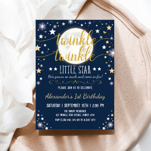Navy Gold Twinkle Little Star Moon 1st Birthday Invitation