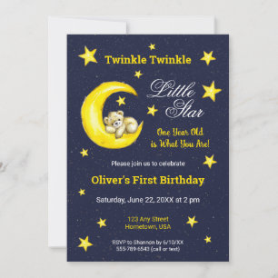 Navy Gold Twinkle Little Star Moon 1st Birthday Invitation