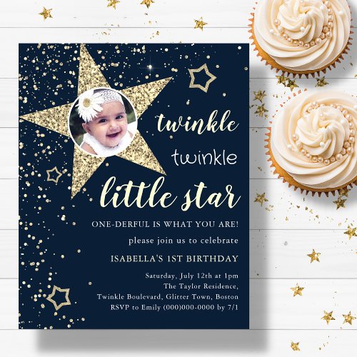 Navy  Gold Twinkle Star 1st Birthday Invitation