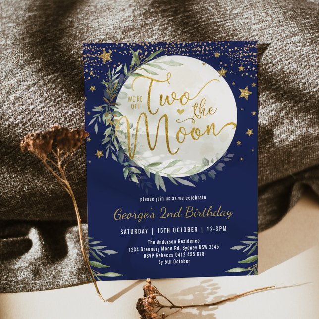Navy Gold Two the Moon Boy 2nd Birthday Invitation (Creator Uploaded)