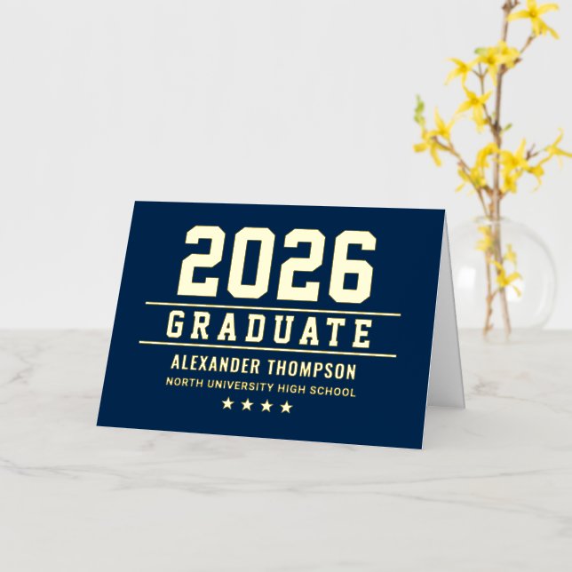Navy Gold Varsity Graduation Thank You 2026 Foil Greeting Card (Yellow Flower)