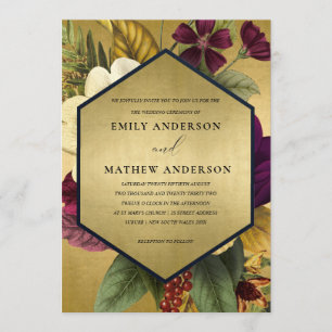 NAVY GOLD VINTAGE BURGUNDY OCHRE FLORAL WEDDING INVITATION
