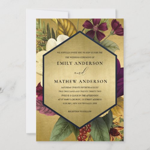 NAVY GOLD VINTAGE BURGUNDY OCHRE  FLORAL WEDDING INVITATION