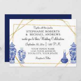 Navy Gold Vintage Chinese Ginger Jar Vase Elegant Invitation
