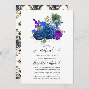 Navy & Gold Vintage Peacock Floral Virtual Wedding Invitation