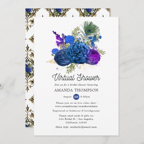 Navy  Gold Vintage Peacock Virtual Bridal Shower Invitation