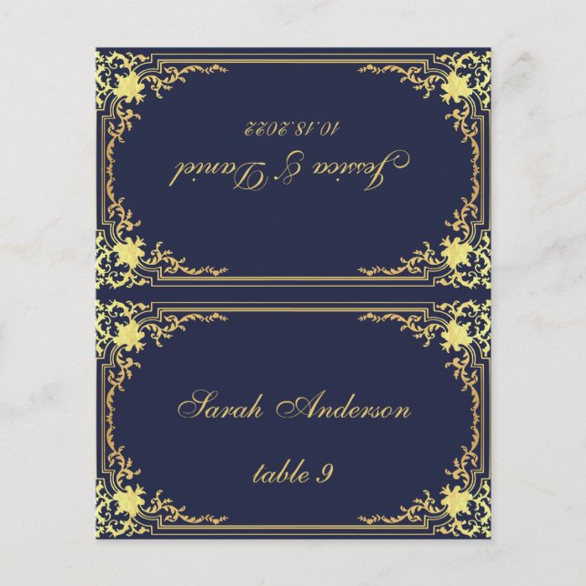 Navy Gold Vintage Printed Name Wedding Place Card (Front)