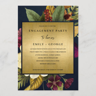 NAVY GOLD VINTAGE RETRO BURGUNDY FLORAL ENGAGEMENT INVITATION