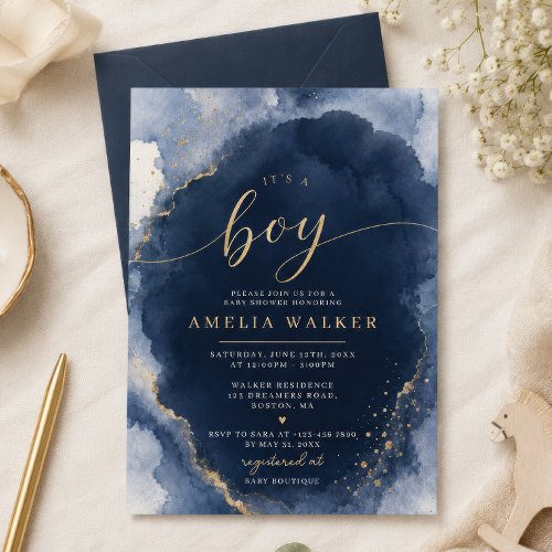 Navy & Gold Watercolor Baby Shower Invitation